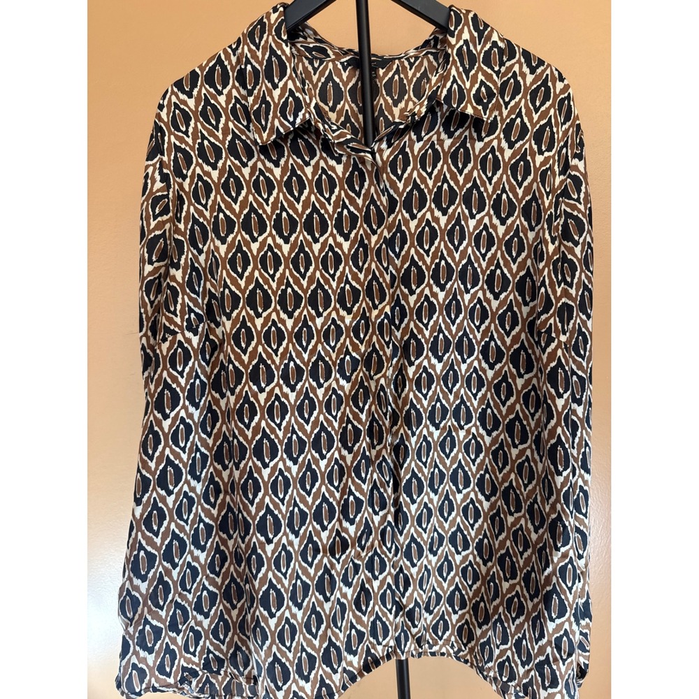 Milano Woman Geometric Ikat Print Button Down Blouse Brown Black Cream 2X